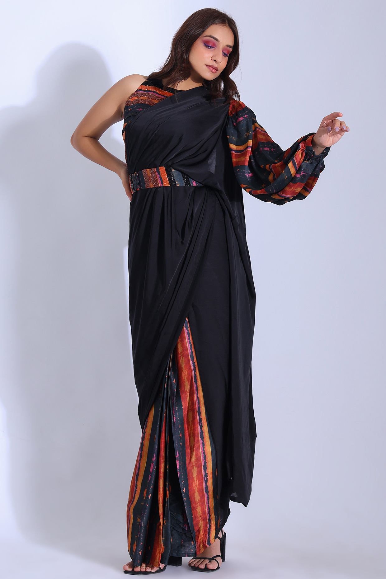 Pre Stitched Lycra(Elastane) Saree in Black : SSEA258