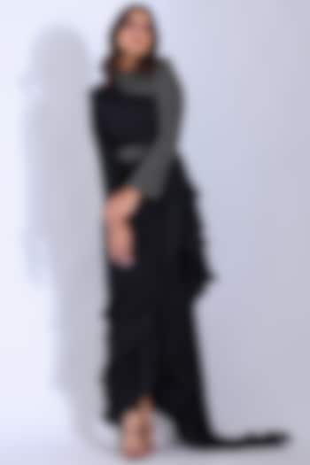 Black Pre-Stitched Saree Set In Georgette Satin by Studio Surbhi