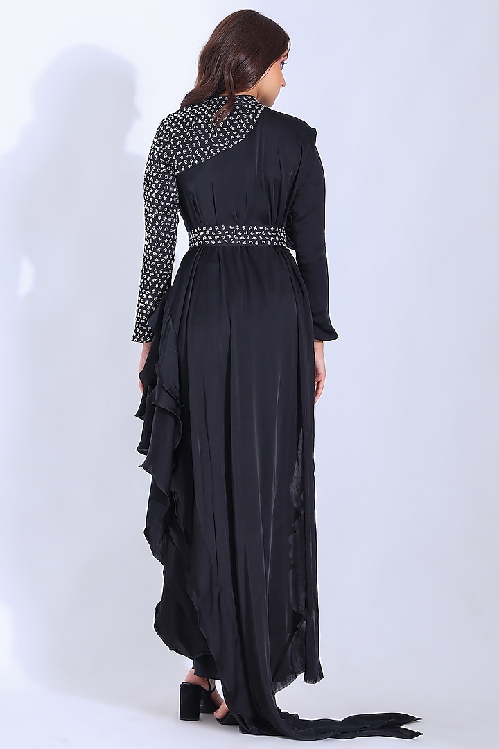 Black Pre-Stitched Party Wear Saree Set In Georgette Satin by Studio Surbhi at Pernia's Pop Up Shop