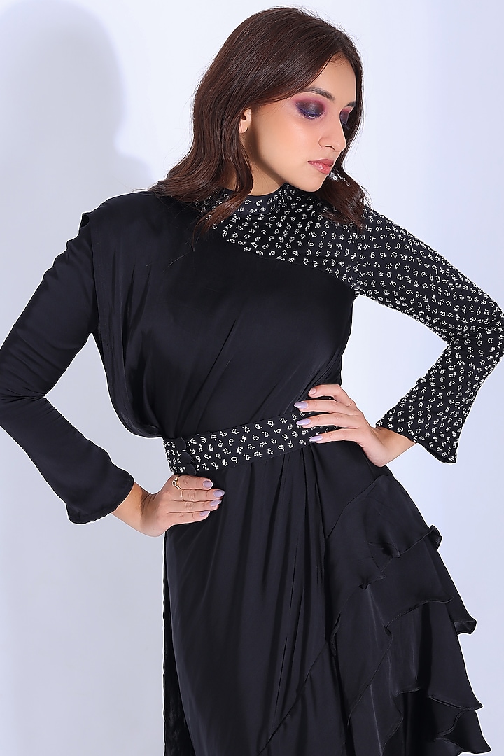 Black Pre-Stitched Party Wear Saree Set In Georgette Satin by Studio Surbhi at Pernia's Pop Up Shop