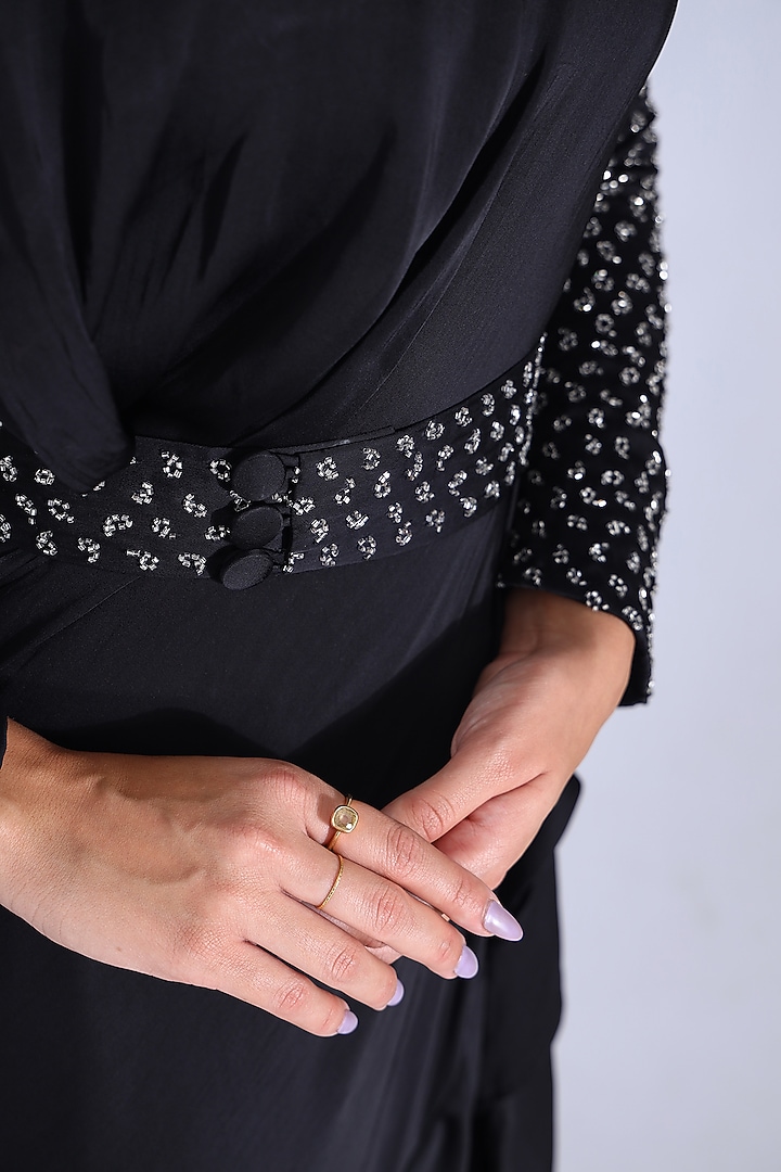Black Pre-Stitched Party Wear Saree Set In Georgette Satin by Studio Surbhi at Pernia's Pop Up Shop