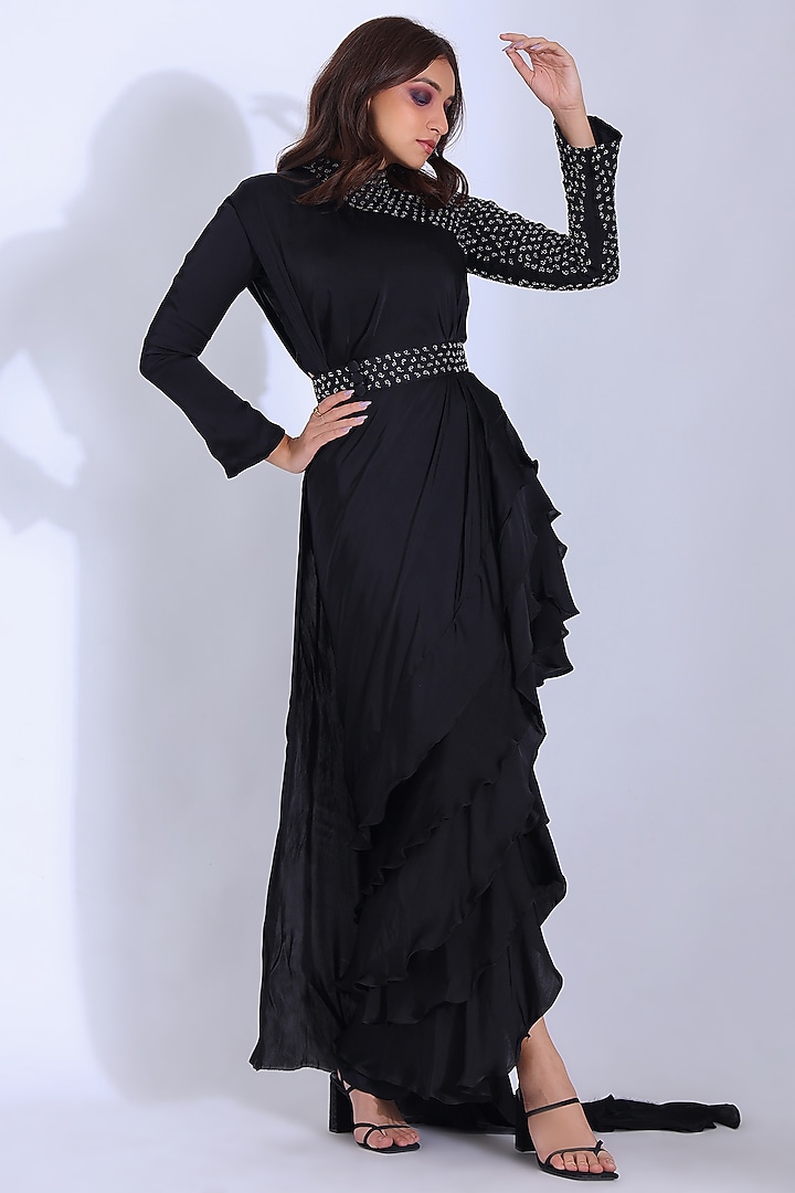 Black Pre-Stitched Party Wear Saree Set In Georgette Satin by Studio Surbhi at Pernia's Pop Up Shop