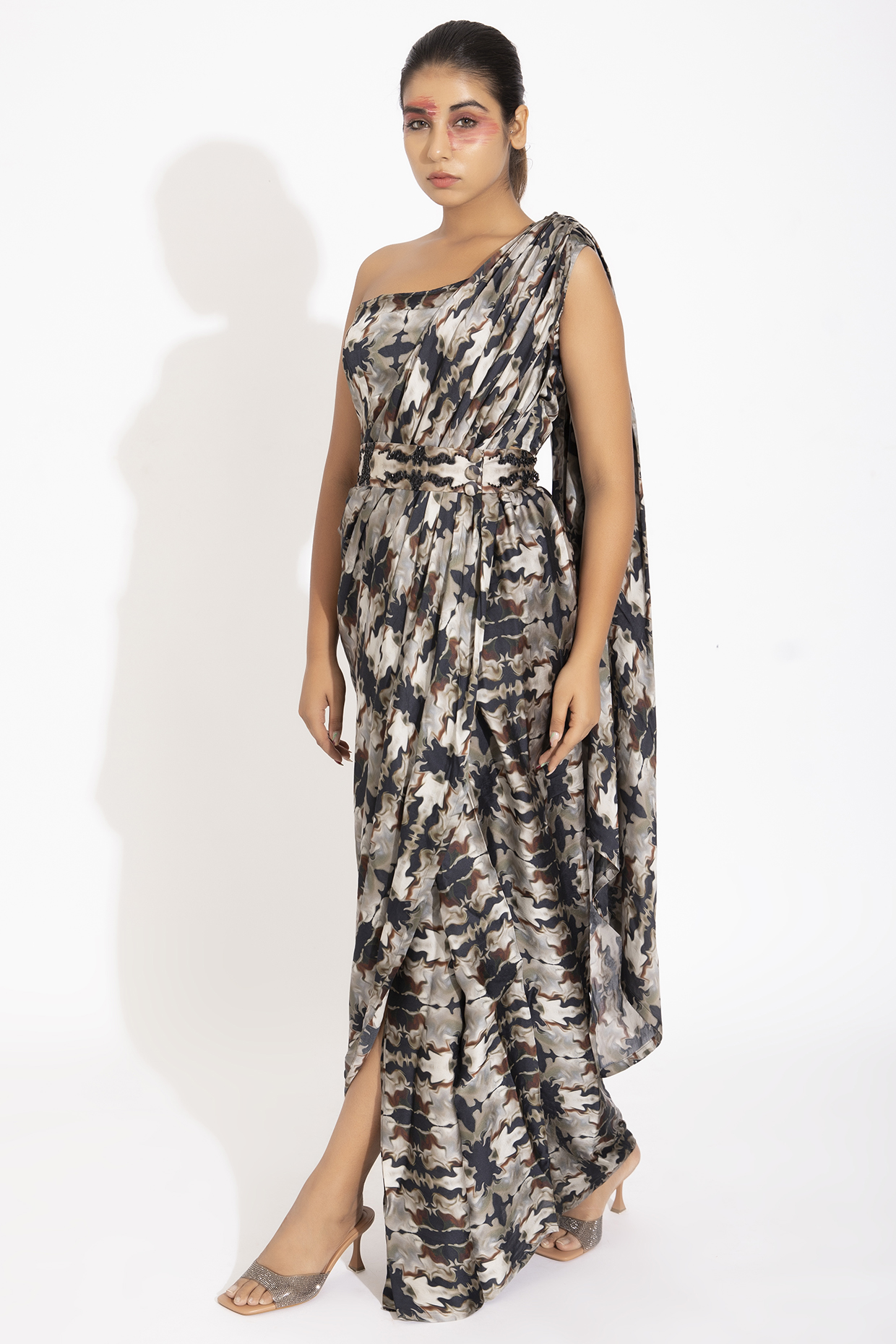 Black Georgette Satin Digital Printed Pre-Stitched Party Wear Saree Set  by Studio Surbhi at Pernia's Pop Up Shop