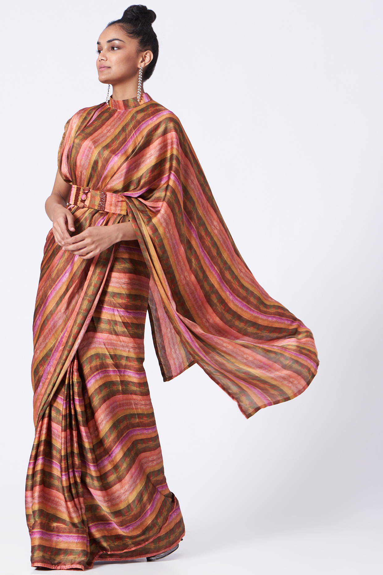 Multi-Colored Georgette Satin Pleated Pre-Stitched Festive Saree Set by Studio Surbhi at Pernia's Pop Up Shop