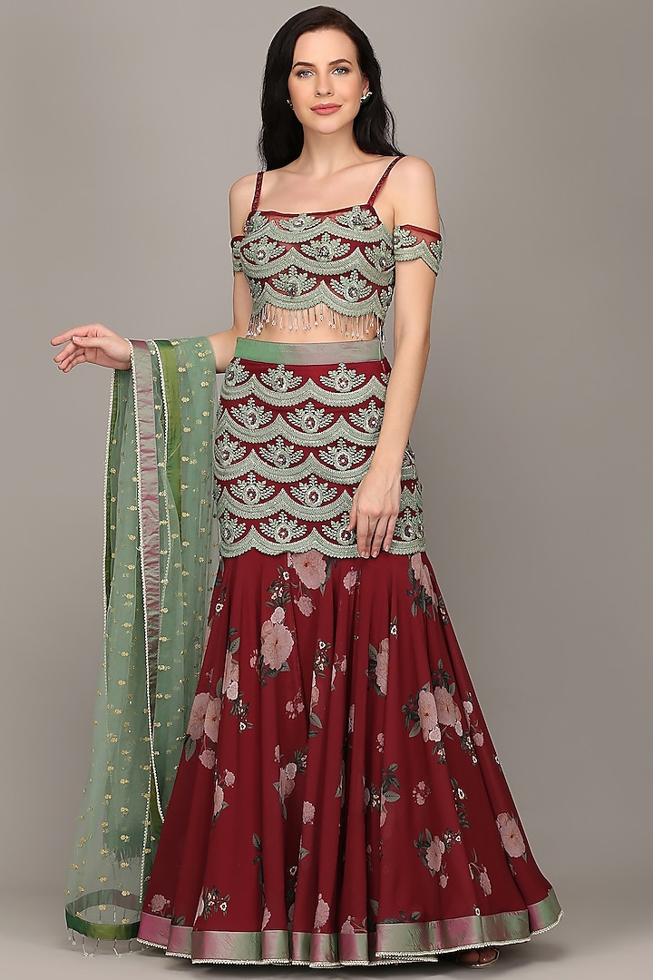 Maroon Thread Embroidered Gharara Set by Surabhi Gandhi