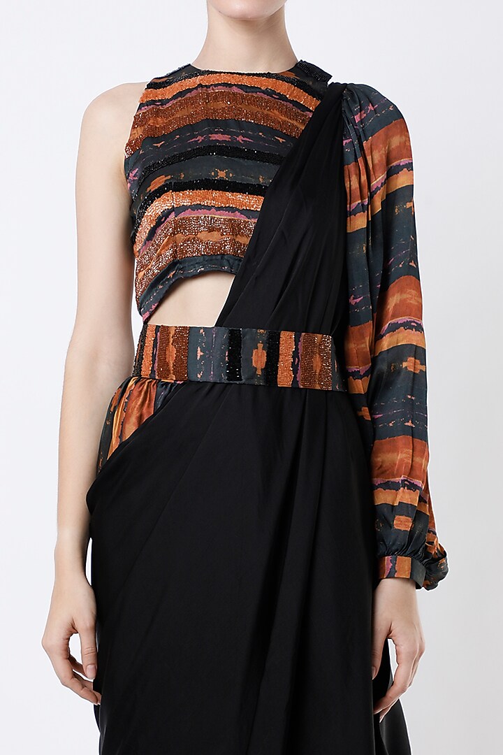 Black Pre-Stitched Party Wear Saree Set by Studio Surbhi at Pernia's Pop Up Shop