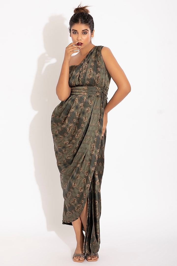 Olive Green Georgette Satin Digital Printed Draped Gown Saree by Studio Surbhi