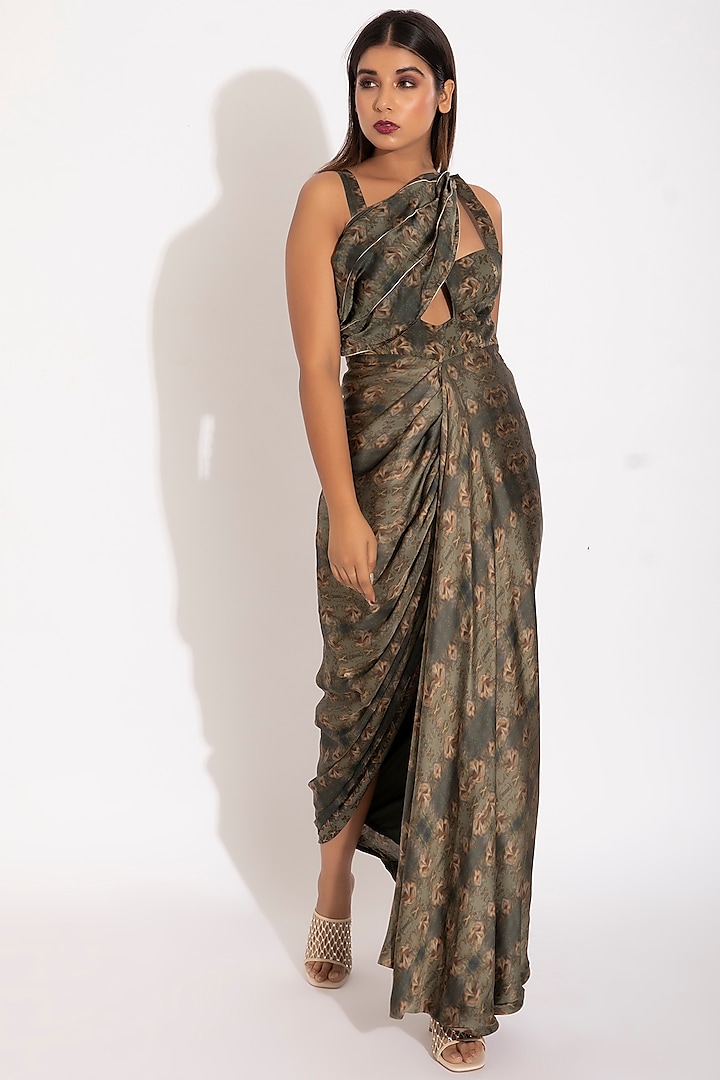 Olive Green Digital Printed Draped Gown by Studio Surbhi