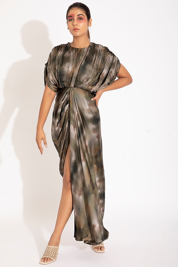 Olive Green Digital Print Kaftan Gown by Studio Surbhi