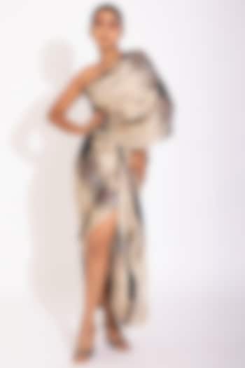 White Digital Printed Draped Gown by Studio Surbhi