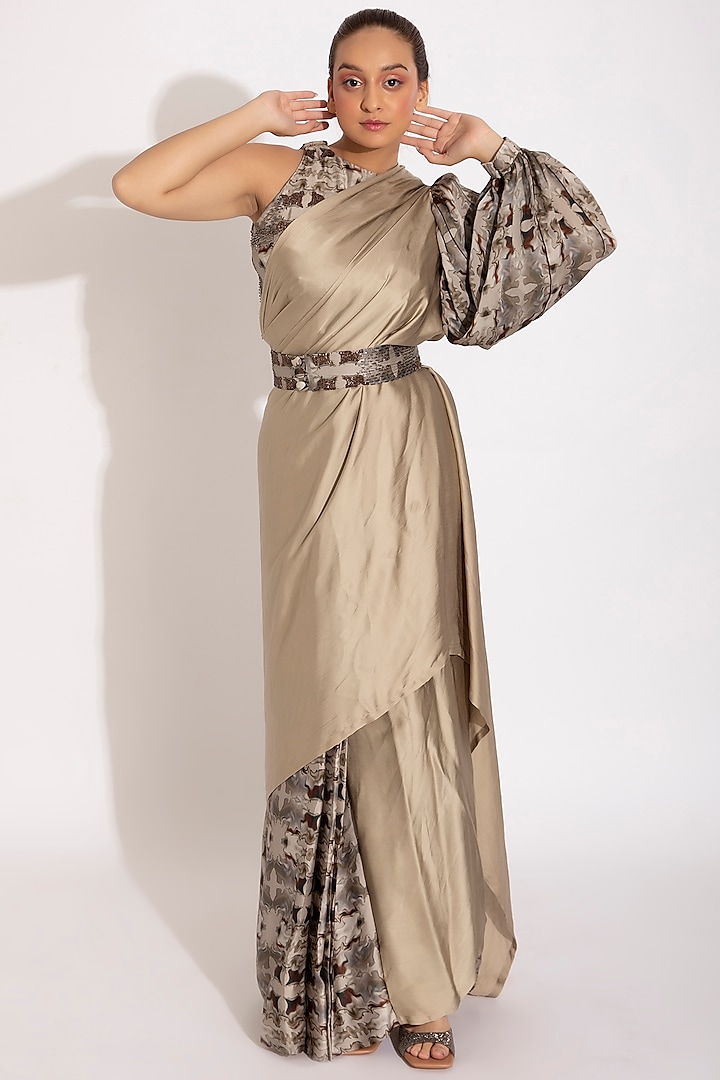 Grey & Cream Digital Printed Pre-Stitched Saree Set by Studio Surbhi