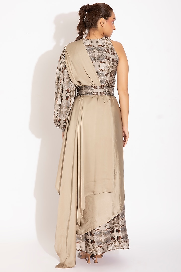 Grey & Cream Digital Printed Pre-Stitched Party Wear Saree Set by Studio Surbhi at Pernia's Pop Up Shop