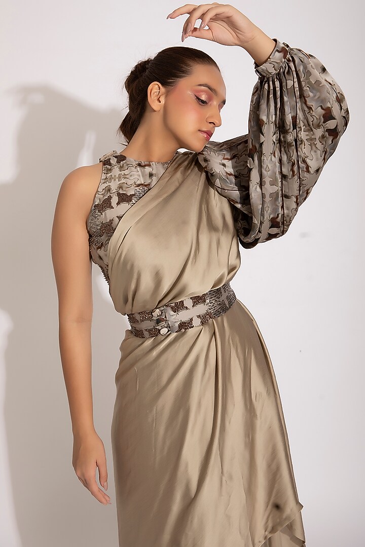 Grey & Cream Digital Printed Pre-Stitched Party Wear Saree Set by Studio Surbhi at Pernia's Pop Up Shop