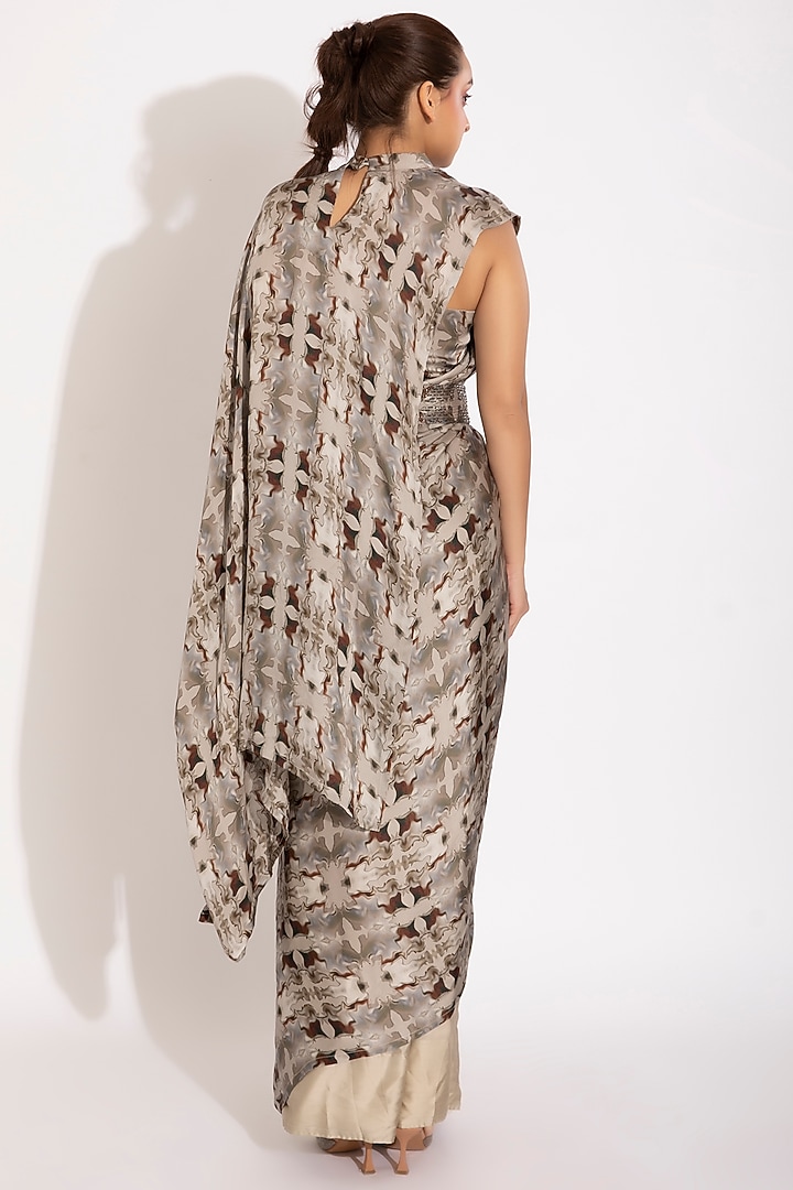 Grey & Cream Digital Printed Pre-Stitched Party Wear Saree Set by Studio Surbhi at Pernia's Pop Up Shop