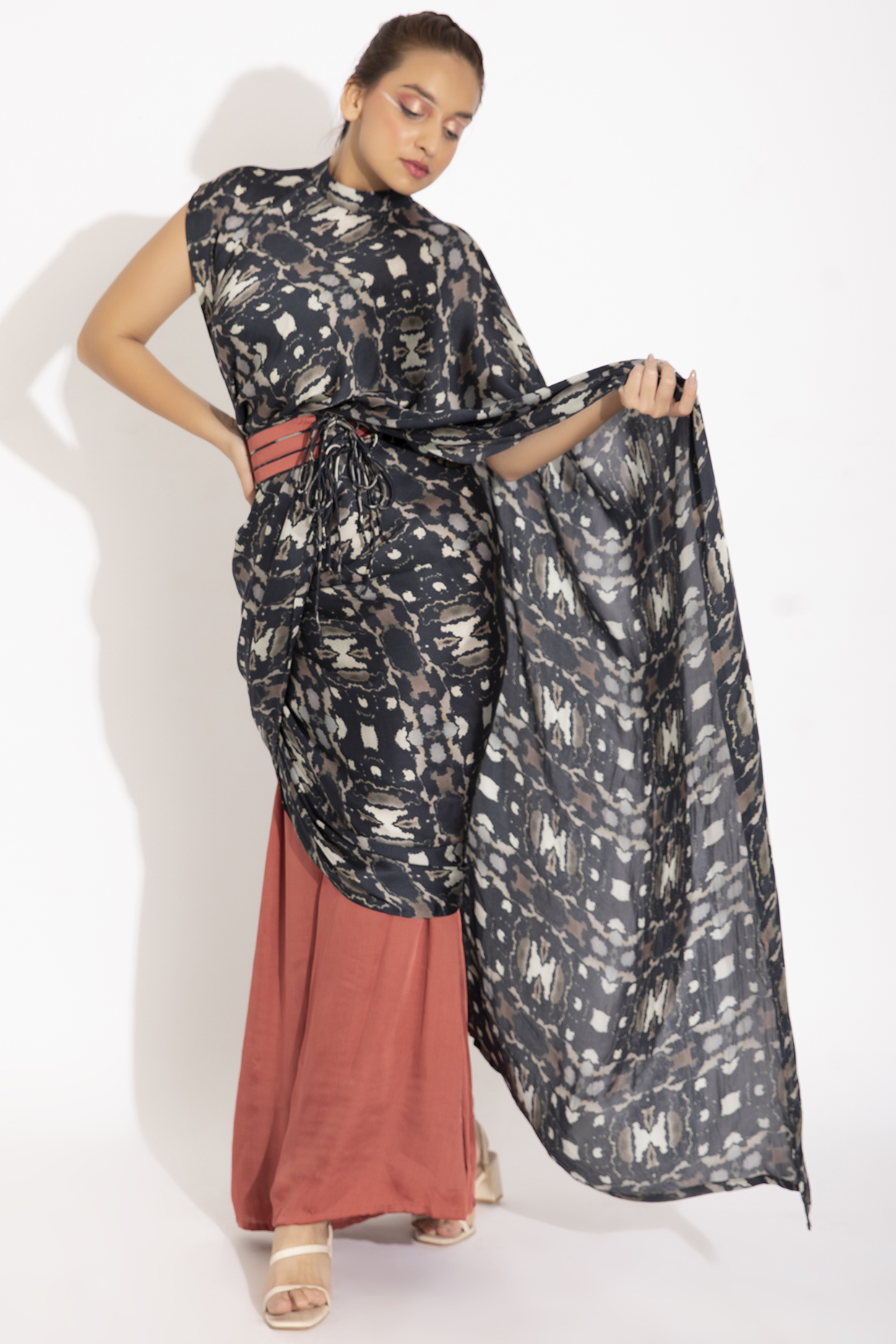 Rose Gold & Black Digital Printed Pant Saree by Studio Surbhi