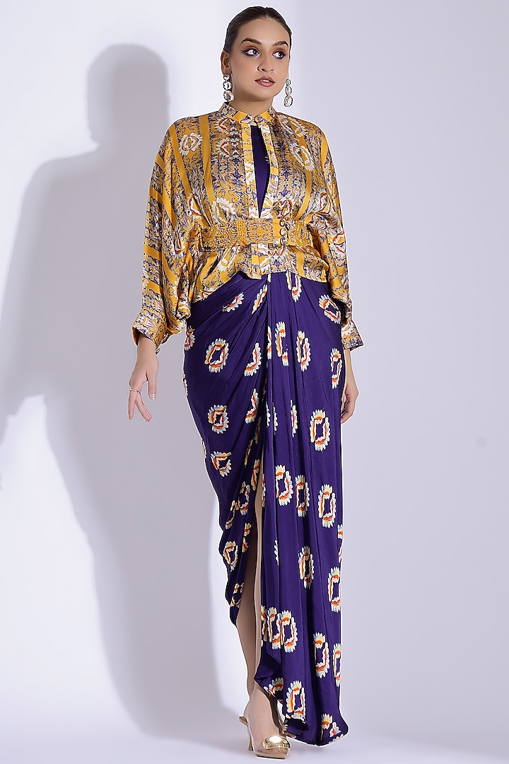 Violet Georgette Satin Digital Printed Hand Draped Gown With Kimono Shirt by Studio Surbhi at Pernia's Pop Up Shop