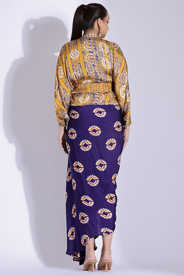 Violet Georgette Satin Digital Printed Hand Draped Party Wear Gown With Kimono Shirt by Studio Surbhi at Pernia's Pop Up Shop