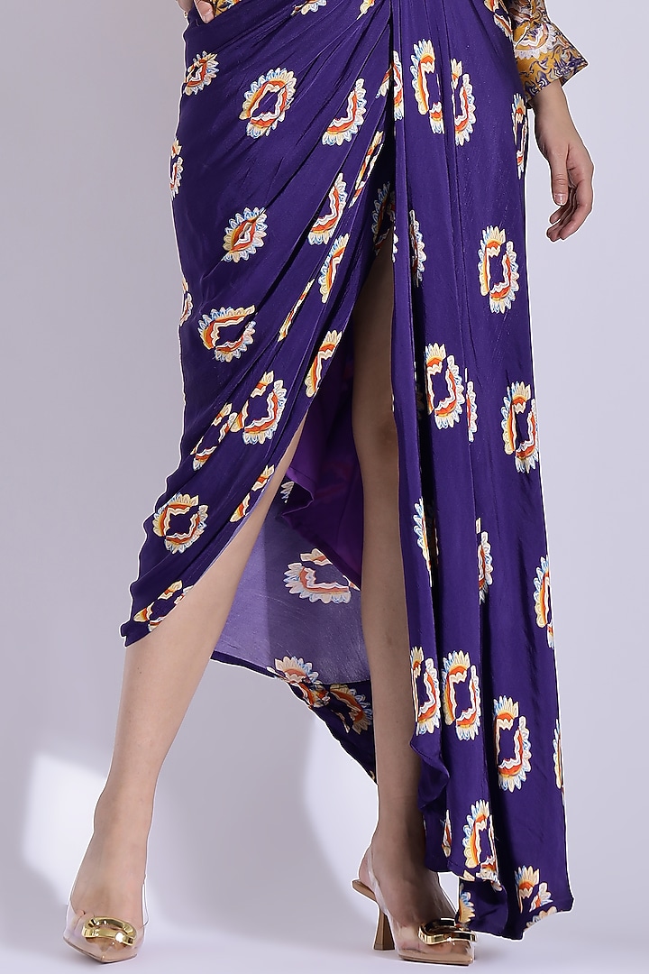 Violet Georgette Satin Digital Printed Hand Draped Party Wear Gown With Kimono Shirt by Studio Surbhi at Pernia's Pop Up Shop