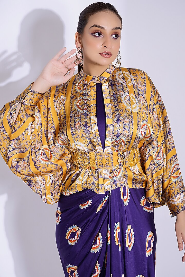 Violet Georgette Satin Digital Printed Hand Draped Party Wear Gown With Kimono Shirt by Studio Surbhi at Pernia's Pop Up Shop
