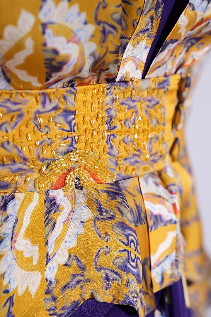 Violet Georgette Satin Digital Printed Hand Draped Party Wear Gown With Kimono Shirt by Studio Surbhi at Pernia's Pop Up Shop