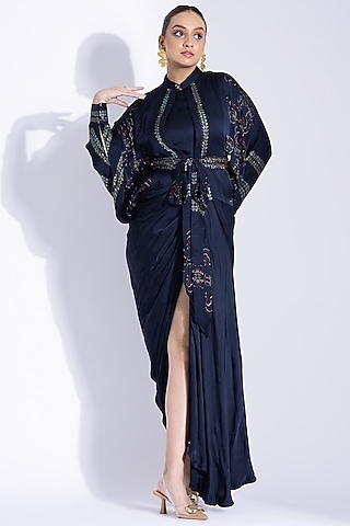 Navy Blue Georgette Satin Hand Draped Gown With Kimono Shirt by Studio Surbhi