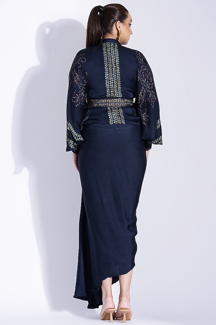 Navy Blue Georgette Satin Hand Draped Party Wear Gown With Kimono Shirt by Studio Surbhi at Pernia's Pop Up Shop