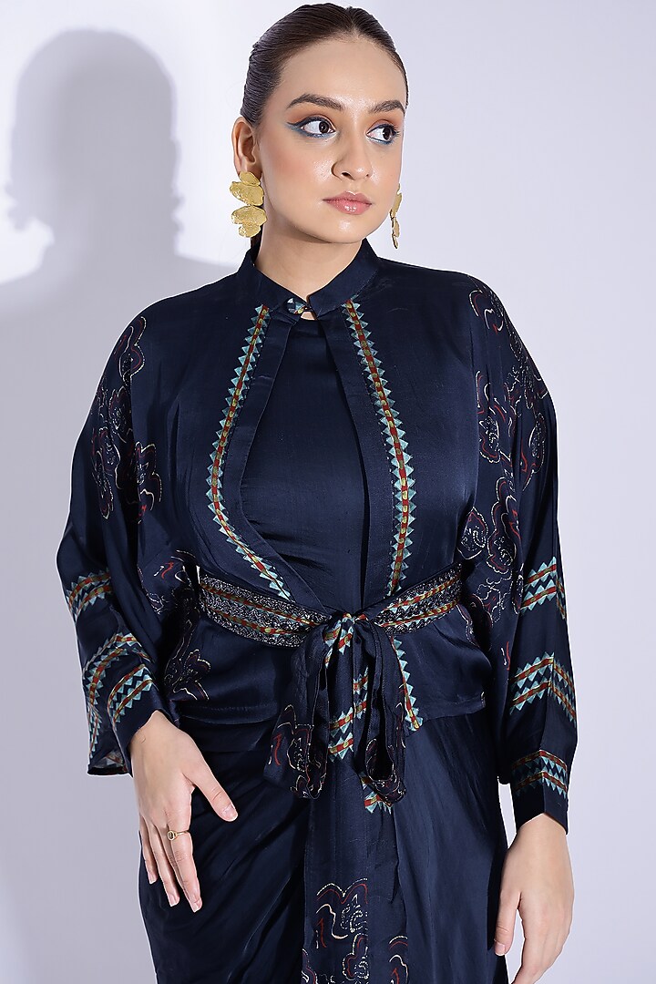 Navy Blue Georgette Satin Hand Draped Party Wear Gown With Kimono Shirt by Studio Surbhi at Pernia's Pop Up Shop