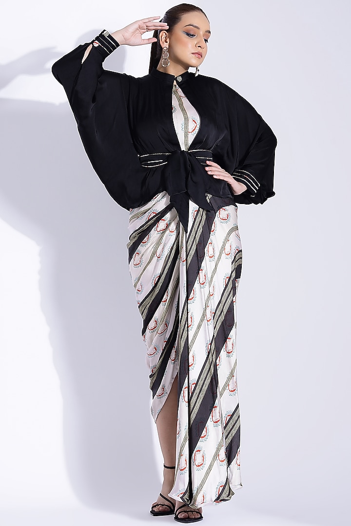 Off-White Georgette Satin Digital Printed Hand Draped Gown With Kimono Shirt by Studio Surbhi at Pernia's Pop Up Shop