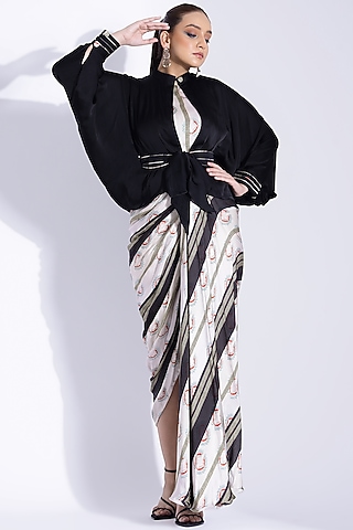 Off-White Georgette Satin Digital Printed Hand Draped Gown With Kimono Shirt by Studio Surbhi
