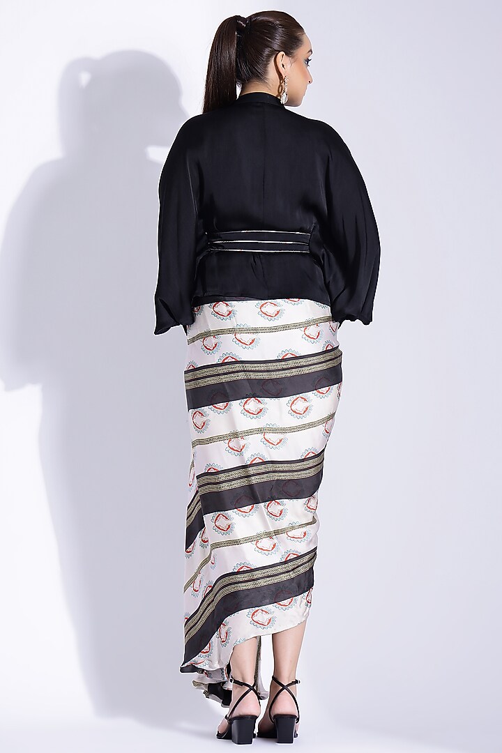Off-White Georgette Satin Digital Printed Hand Draped Party Wear Gown With Kimono Shirt by Studio Surbhi at Pernia's Pop Up Shop