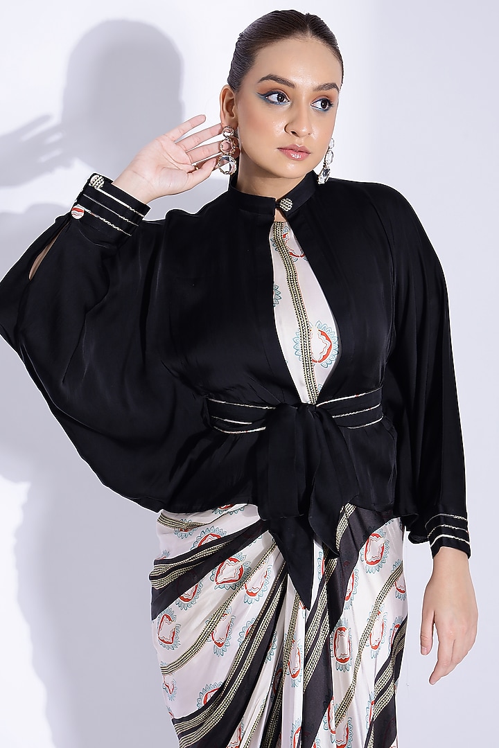 Off-White Georgette Satin Digital Printed Hand Draped Party Wear Gown With Kimono Shirt by Studio Surbhi at Pernia's Pop Up Shop