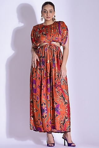 Orange Georgette Satin Digital Printed Hand Draped Kaftan Gown by Studio Surbhi