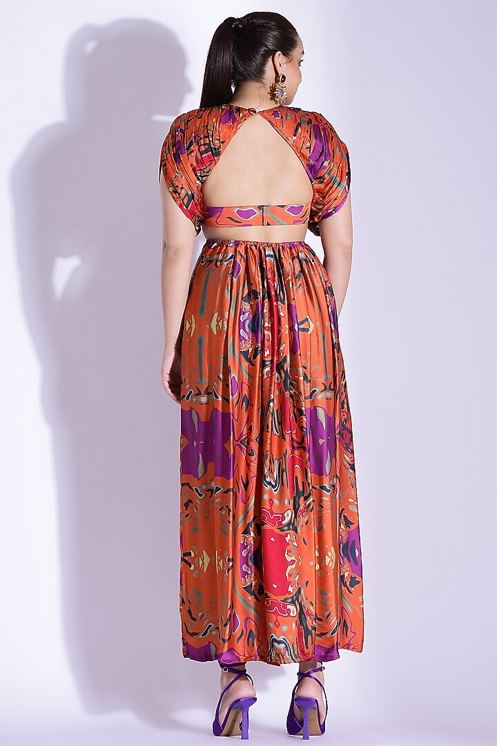 Orange Georgette Satin Digital Printed Hand Draped Kaftan Party Wear Gown by Studio Surbhi at Pernia's Pop Up Shop
