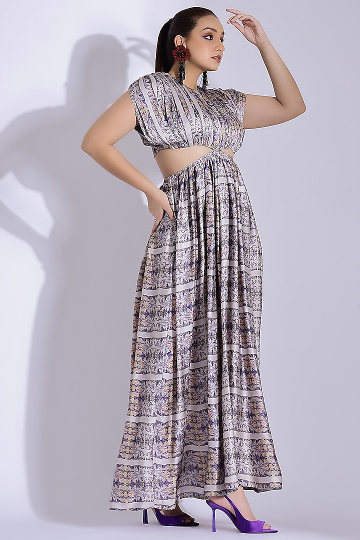 Grey Georgette Satin Digital Printed Hand Draped Kaftan Gown by Studio Surbhi at Pernia's Pop Up Shop