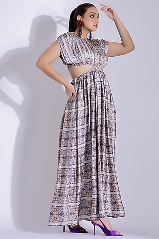 Grey Georgette Satin Digital Printed Hand Draped Kaftan Gown by Studio Surbhi