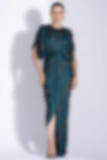 Teal Georgette Satin Digital Printed Hand Draped Kaftan Gown by Studio Surbhi