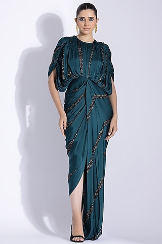 Teal Georgette Satin Digital Printed Hand Draped Kaftan Gown by Studio Surbhi