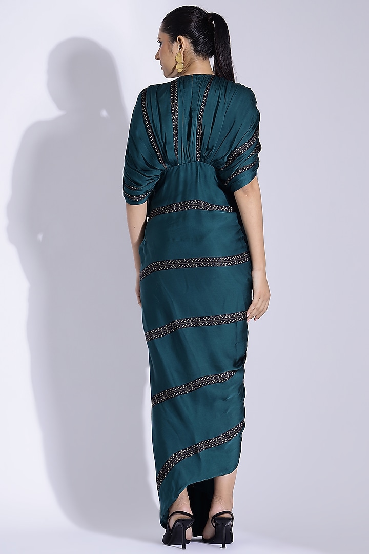 Teal Georgette Satin Digital Printed Hand Draped Kaftan Party Wear Gown by Studio Surbhi at Pernia's Pop Up Shop