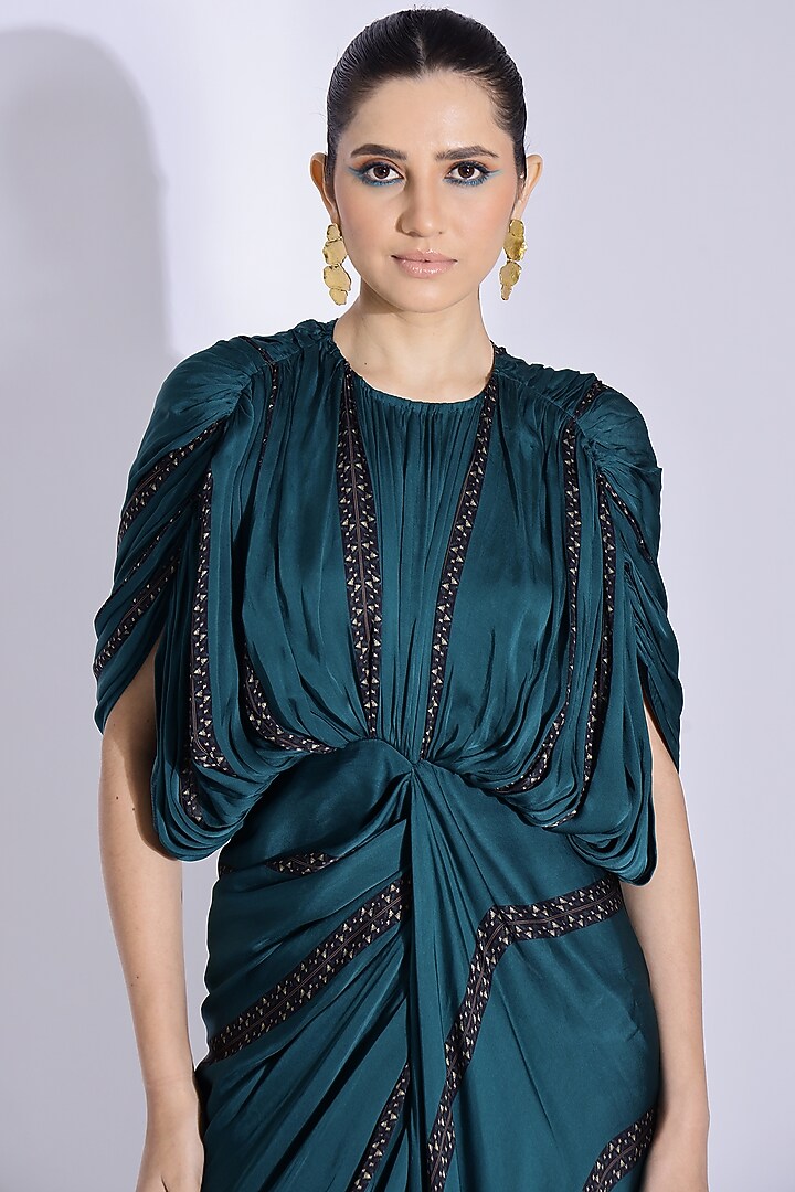 Teal Georgette Satin Digital Printed Hand Draped Kaftan Party Wear Gown by Studio Surbhi at Pernia's Pop Up Shop