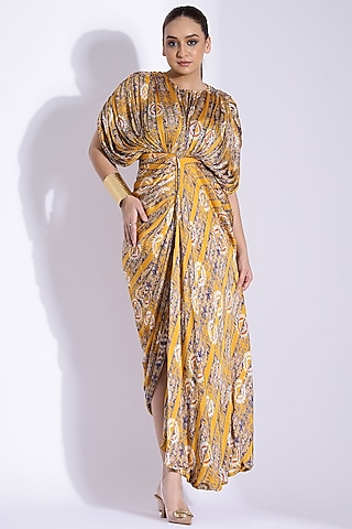 Yellow Georgette Satin Digital Printed Hand Draped Kaftan Gown by Studio Surbhi