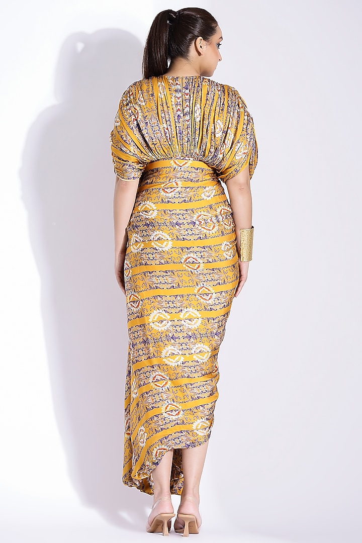 Yellow Georgette Satin Digital Printed Hand Draped Kaftan Party Wear Gown by Studio Surbhi at Pernia's Pop Up Shop