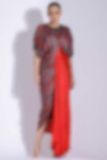 Red Georgette Satin Digital Printed Hand Draped Kaftan Gown by Studio Surbhi at Pernia's Pop Up Shop