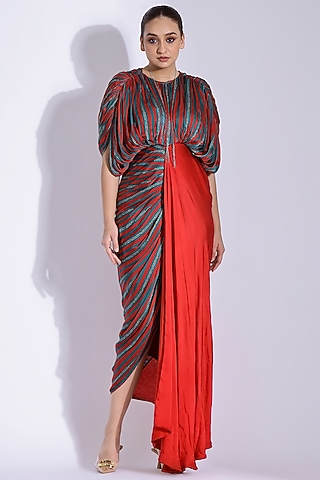 Red Georgette Satin Digital Printed Hand Draped Kaftan Gown by Studio Surbhi