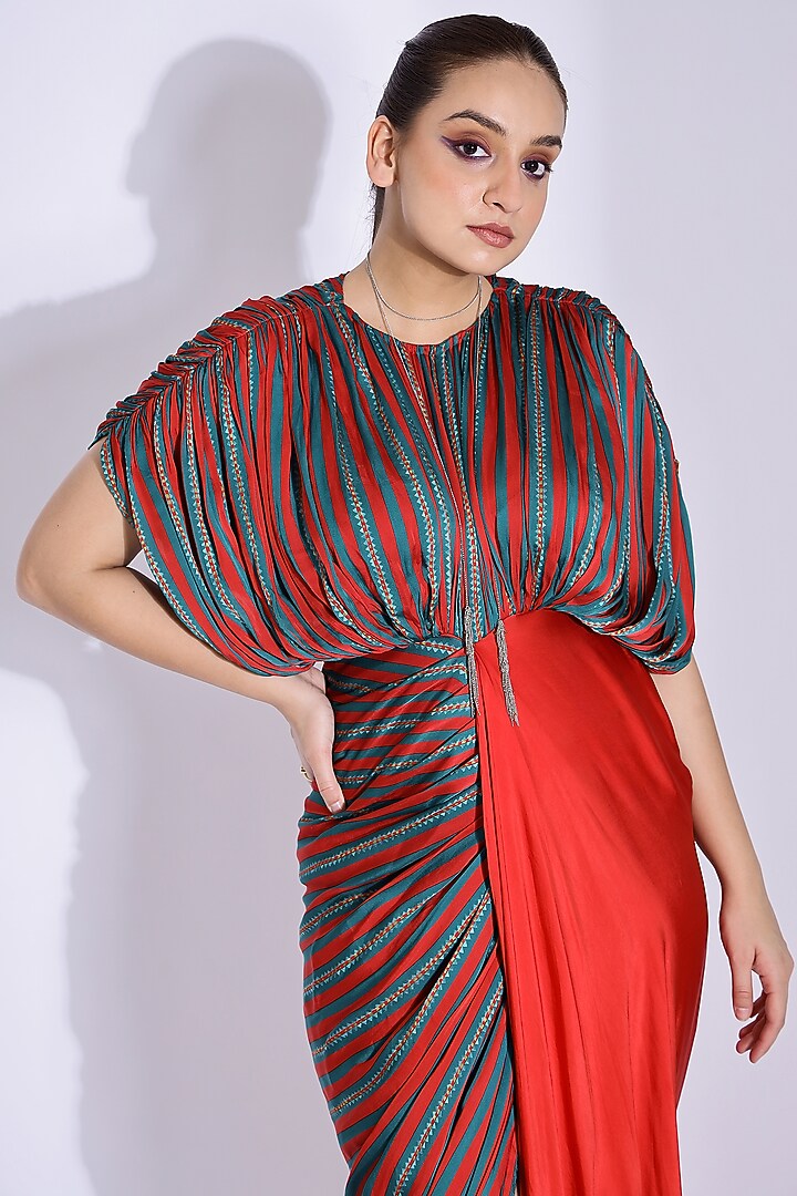 Red Georgette Satin Digital Printed Hand Draped Kaftan Party Wear Gown by Studio Surbhi at Pernia's Pop Up Shop