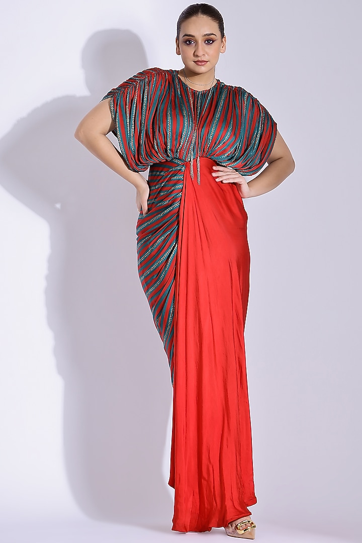Red Georgette Satin Digital Printed Hand Draped Kaftan Party Wear Gown by Studio Surbhi at Pernia's Pop Up Shop
