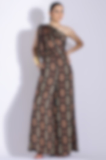 Brown Georgette Satin Digital Printed Hand Draped One-Shoulder Jumpsuit by Studio Surbhi at Pernia's Pop Up Shop