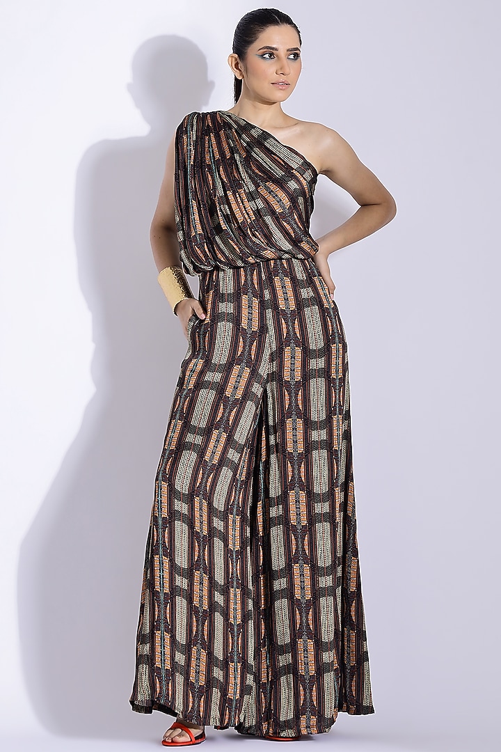 Brown Georgette Satin Digital Printed Hand Draped One-Shoulder Jumpsuit by Studio Surbhi at Pernia's Pop Up Shop