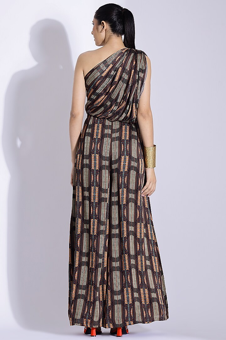 Brown Georgette Satin Digital Printed Hand Draped One-Shoulder Jumpsuit by Studio Surbhi at Pernia's Pop Up Shop