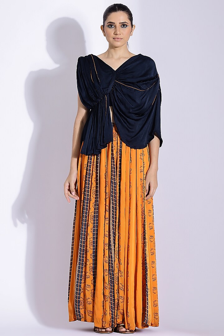 Orange Georgette Satin Digital Printed Kalidar Skirt Set by Studio Surbhi