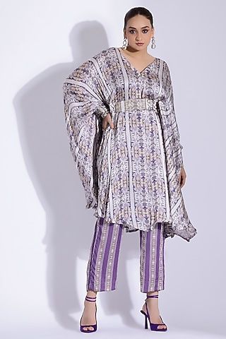 Lavender & Grey Georgette Satin Digital Printed Kaftan Set by Studio Surbhi